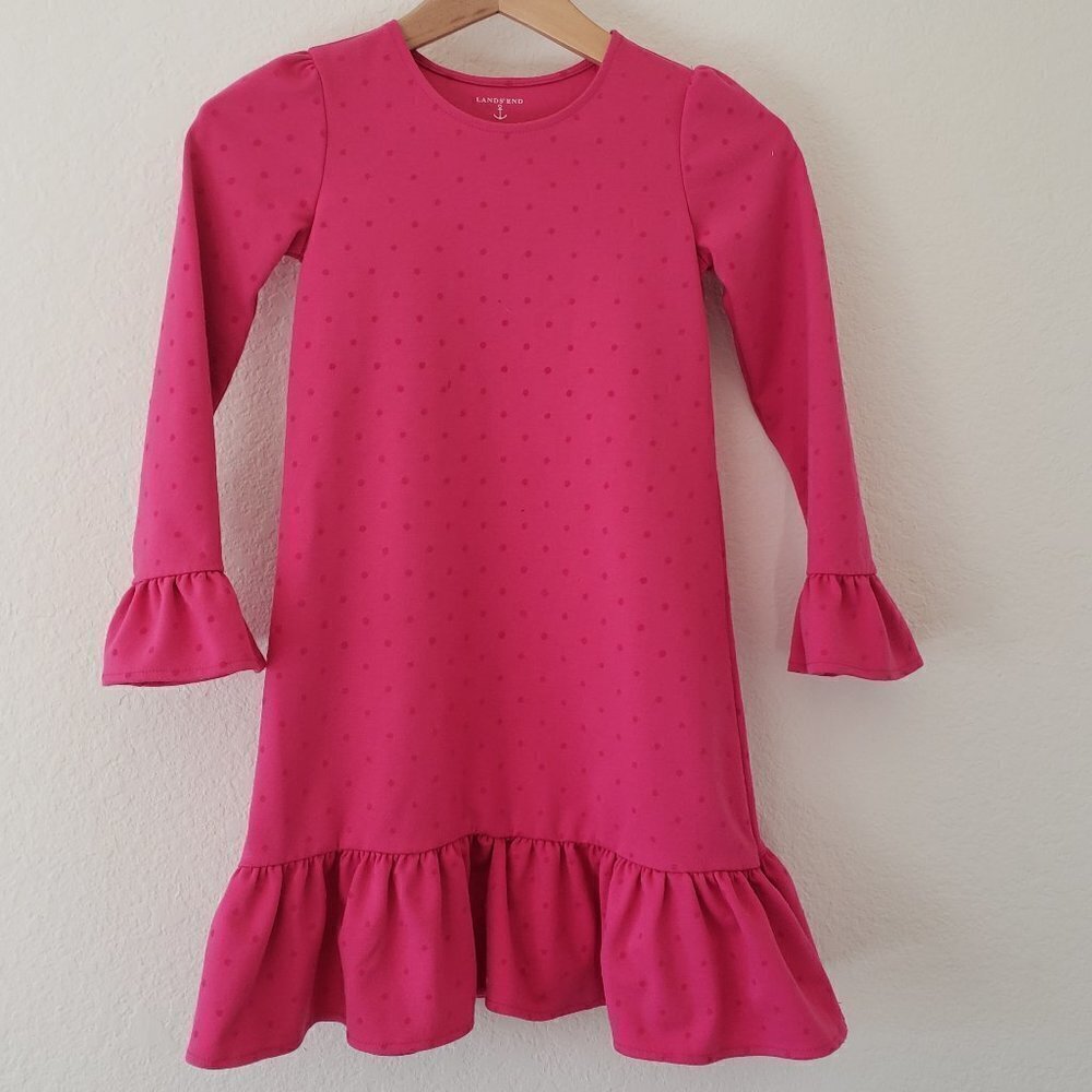 Lands End Long Sleeve Pink Poka Dot Dress - Size 7